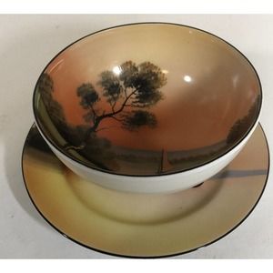 Noritake Small Bowl with Saucer Lake Tree Sailboat Sunset Scene Has Legs 4.5"